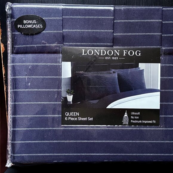 6-pc London Fog QUEEN SIZE Sheet Set NAVY BLUE PINSTRIPE (2 extra pillowcases) - Picture 1 of 1